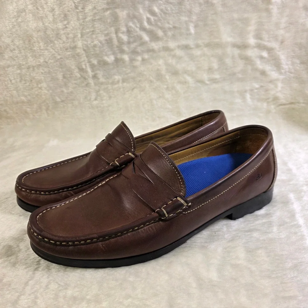 Peter Millar Penny Loafers Brown Leather Slip On Handsewn Moc Toe Mens 9.5 M